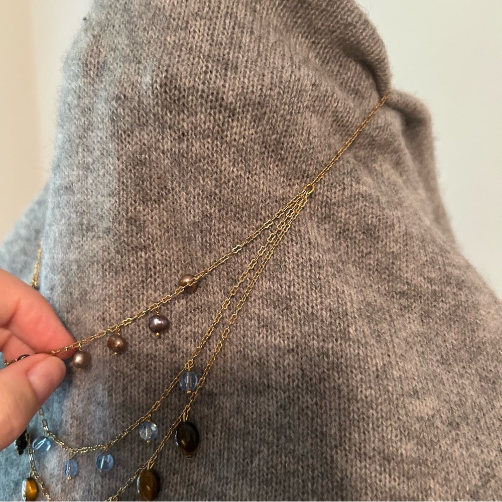 Lia Sophia Tigers Eye Multi-Strand Gold Tone Necklace Freshwater Pearl and Beads - Picture 5 of 5